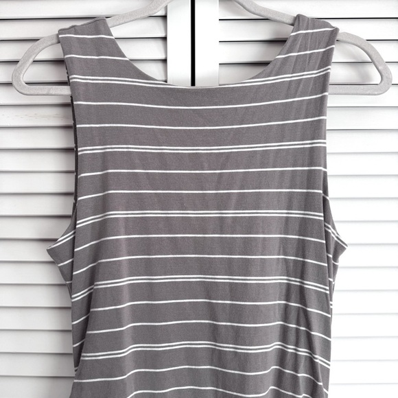 Athleta Comeback Tank Midi Dress Gray White Stripe Ruching Size L - Picture 3 of 9
